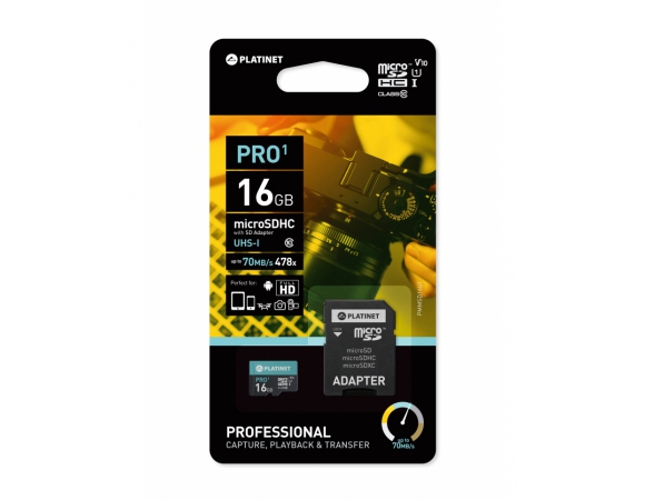 microSDHC PLATINET  PRO SECURE DIGITAL UHS-I + ADAPTER SD 16GB Class 10 70 MB/s