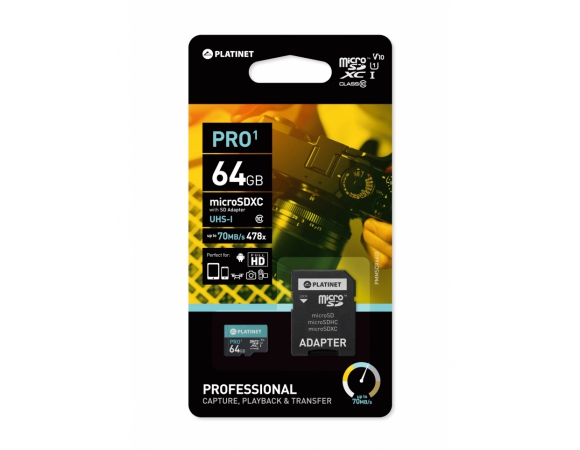 microSDHC PLATINET PRO SECURE DIGITAL UHS-I + ADAPTER SD 64GB Class 10 70 MB/s