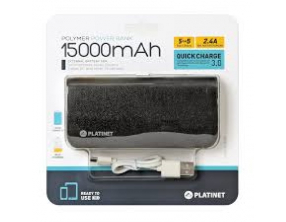 Power Bank Platinet  15000 mAh + Micro USB Cable Quick Charge 3.0 Black