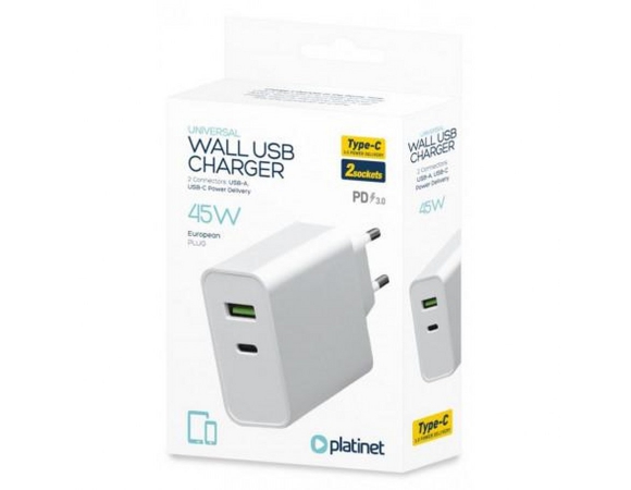 Wall Charger Platinet 45W Type-C PD3.0+ USB 2.4A