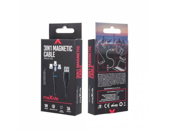 MAXLIFE MAGNETIC CABLE MXUC-03 3IN1 FAST CHARGE 3A (QC3.0) BLACK