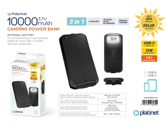 Power Bank Platinet Solar Panel Wireless Charger 15W 2x USB + USB-C