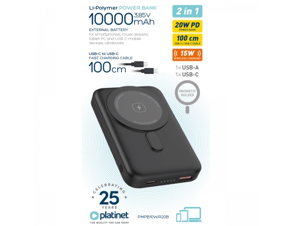 Power Bank Platinet 10000mAh 20W PD 15W Wireless Charging