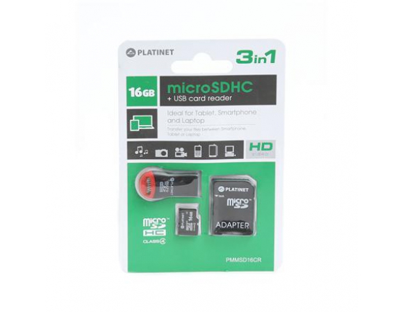 MicroSD PLATINET 3-in-1 16GB + CARD READER + ADAPTER