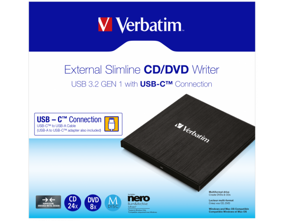 Verbatim External Slimline CD/DVD Writer USB 3.2 Gen 1/ USB-C