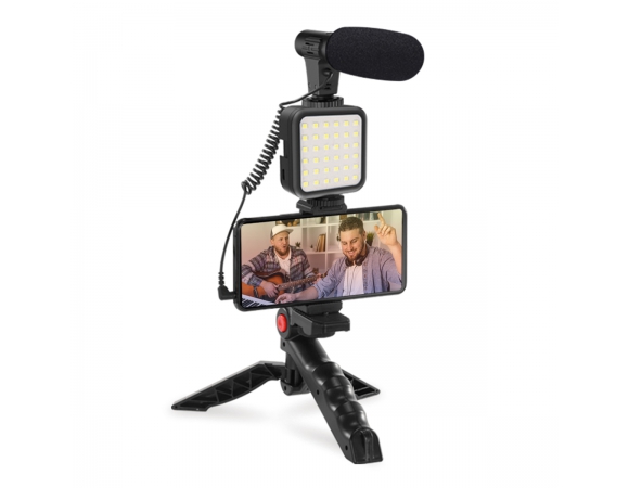Vlog 4in1 Platinet Microphone/Light/Phone Holder With Tripod + 3,5 Jack To Type-C Adapter Black