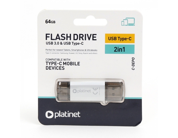 Flash Drive Platinet USB 3.0 + Type-C 64GB Silver
